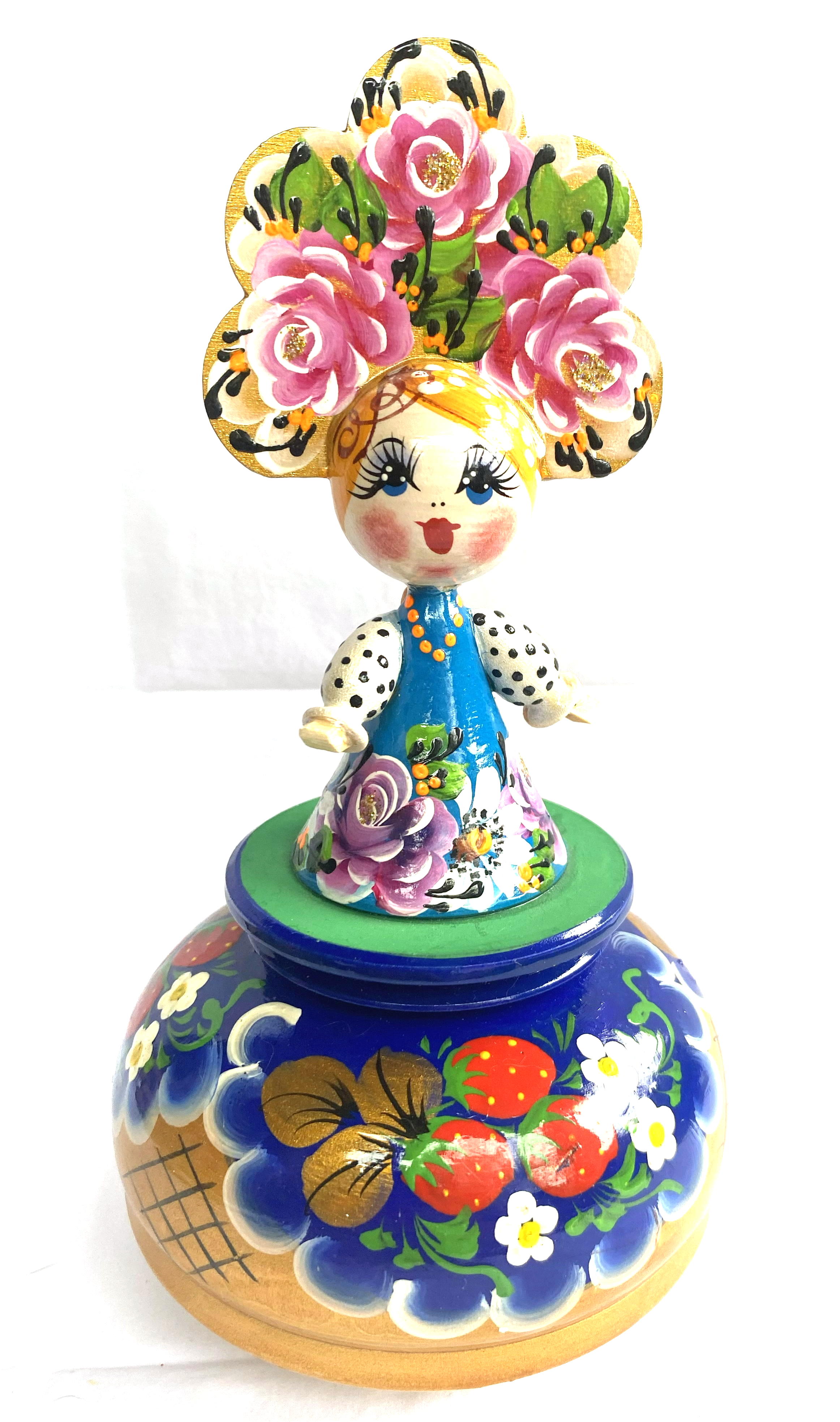 Russian Hand-Painted Wooden Music Box with Folk Maiden Figurine