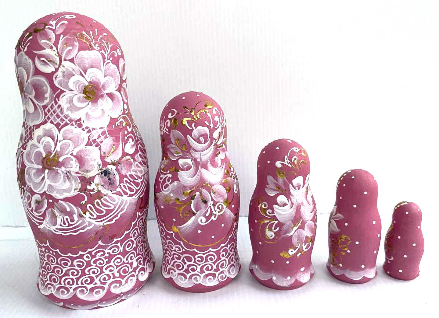 Morozova Pink & White Floral Nesting Dolls - 5 Nested Set