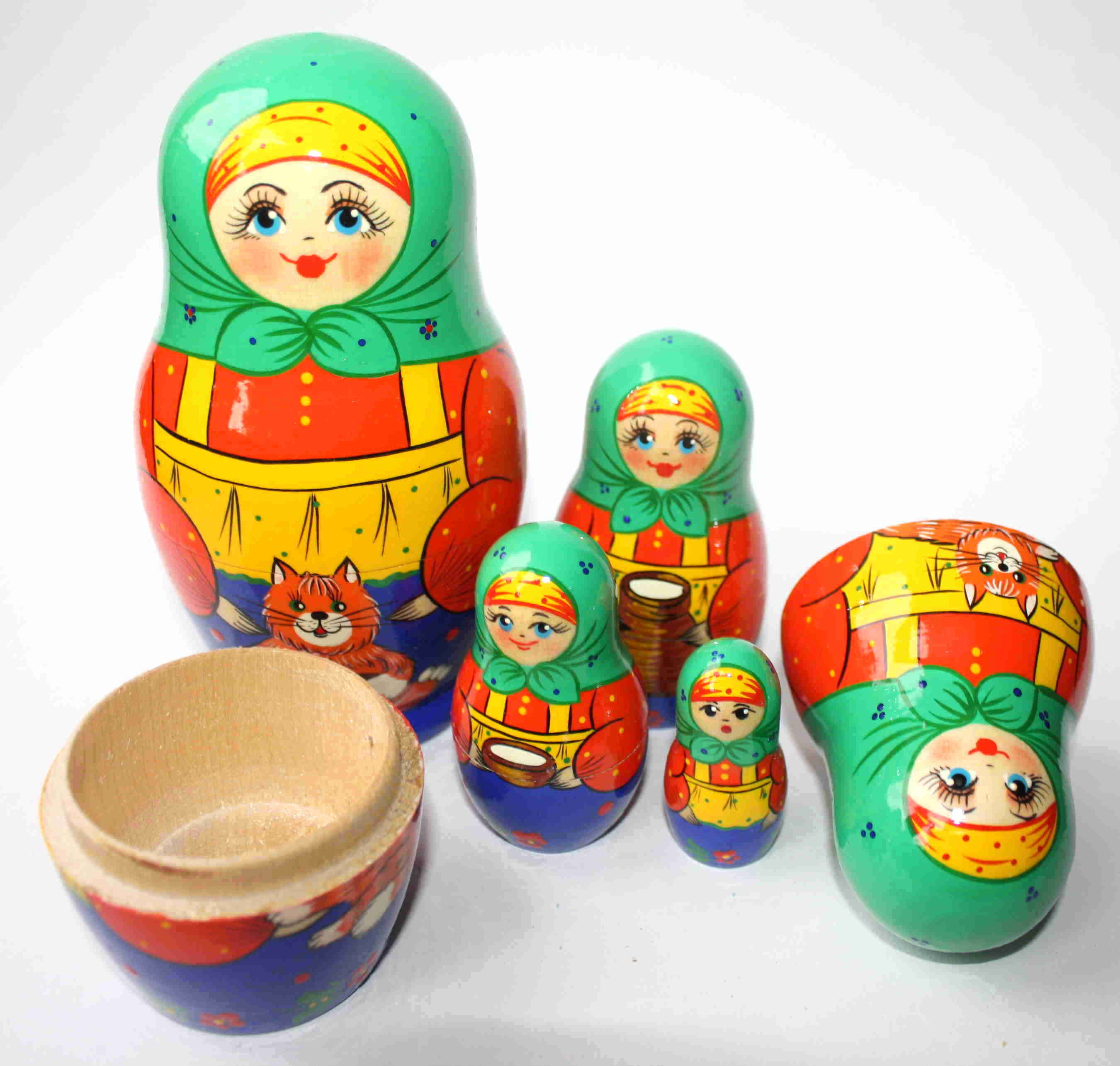 Green & red girl Matryoshka with cat 5 nested set