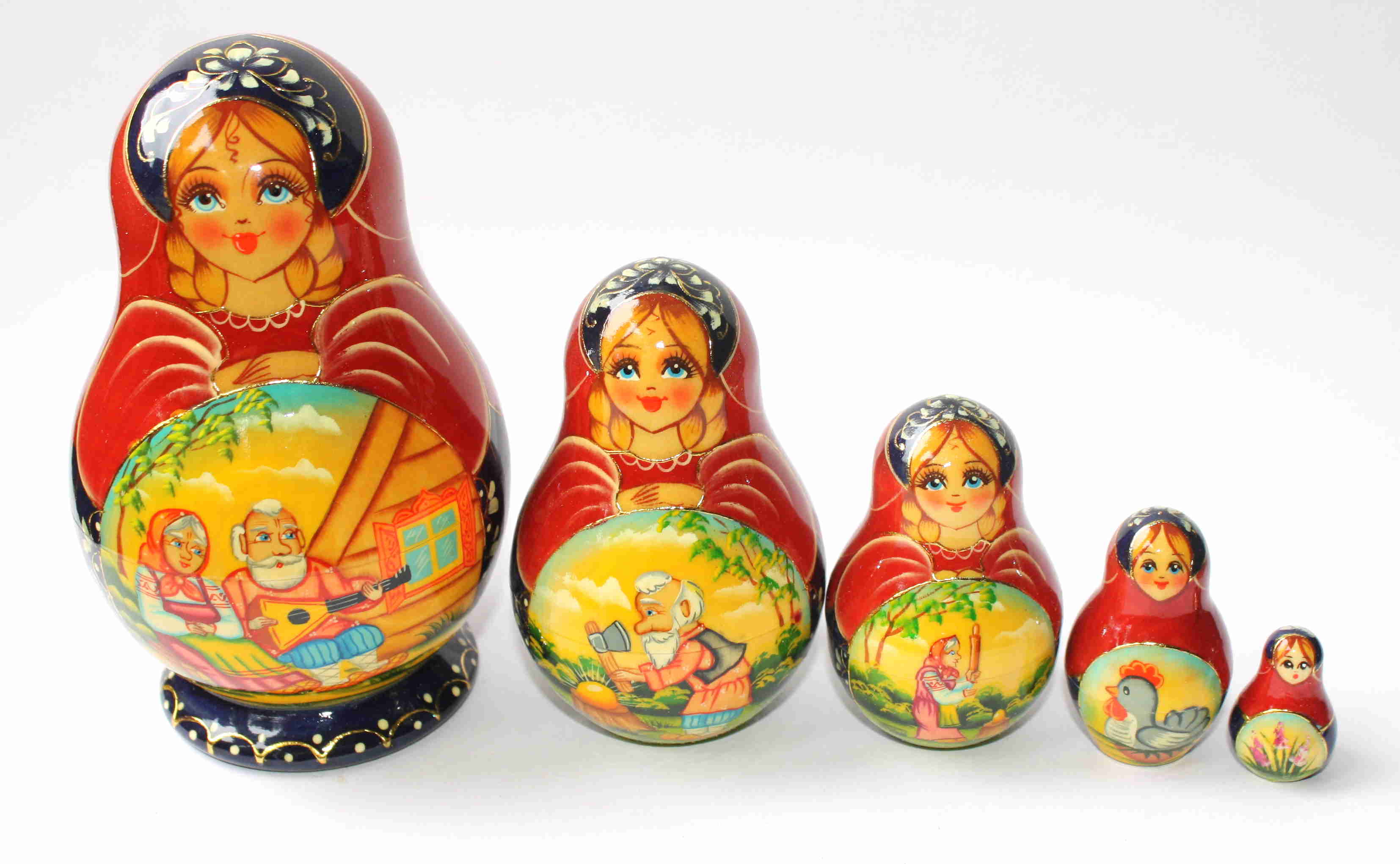 Russian Folk Tale Matryoshka - Balalaika & Ryaba the Hen - 5 Nested Set