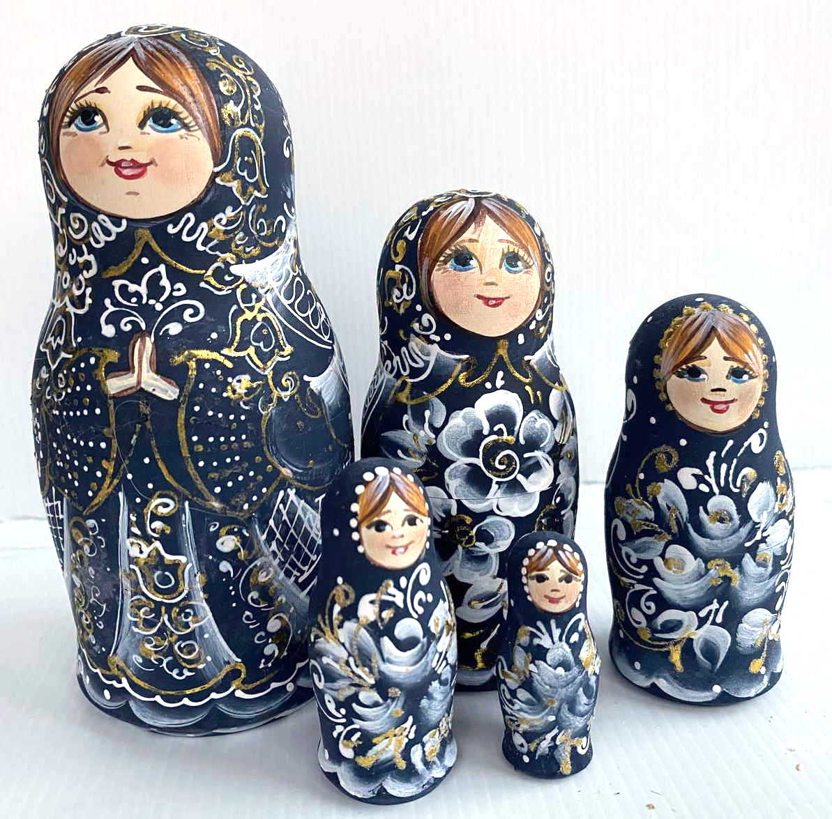 Morozova Midnight Blue & Gold Floral Nesting Dolls - 5 Nested Set