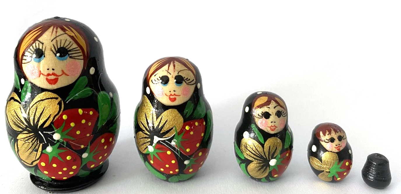 Miniature Black Strawberry & Gold Flower Nesting Dolls – 5 Nested Set - 55mm
