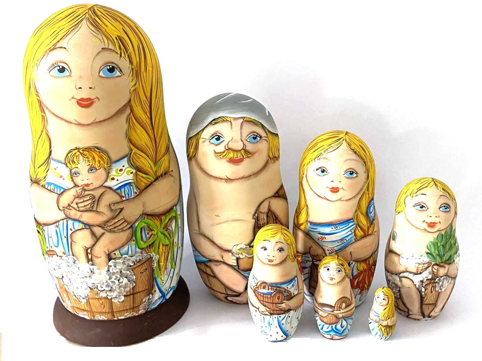 Russian Banya Matryoshka – Artist Signed – 7 Nested Set