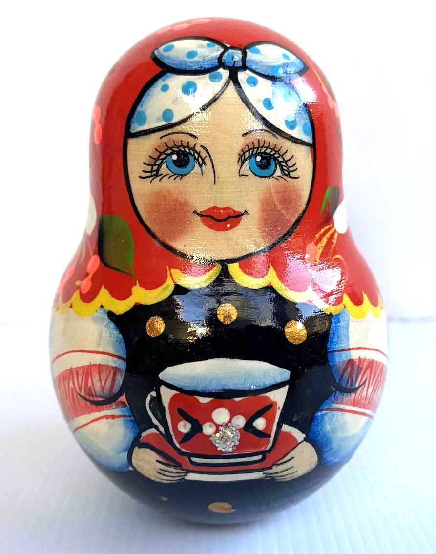 Artists Matryoshka RolyPoly Girl with Cup of Tea