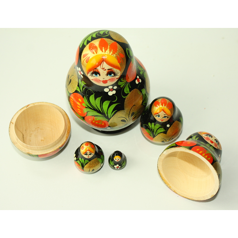 Artists Matryoshka blond with strawberries in Artists Matryoshka black & red (5 nested set)