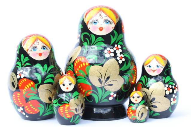 Artists Matryoshka blond with strawberries in Artists Matryoshka black & red (5 nested set)