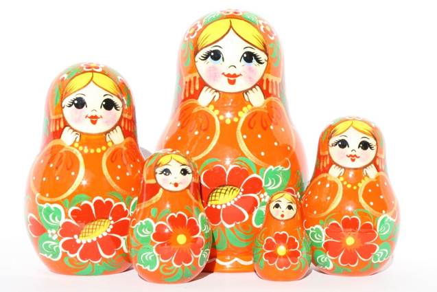 A 5 Nested Set of Vyatka Matryoshka, Grushenka Orange