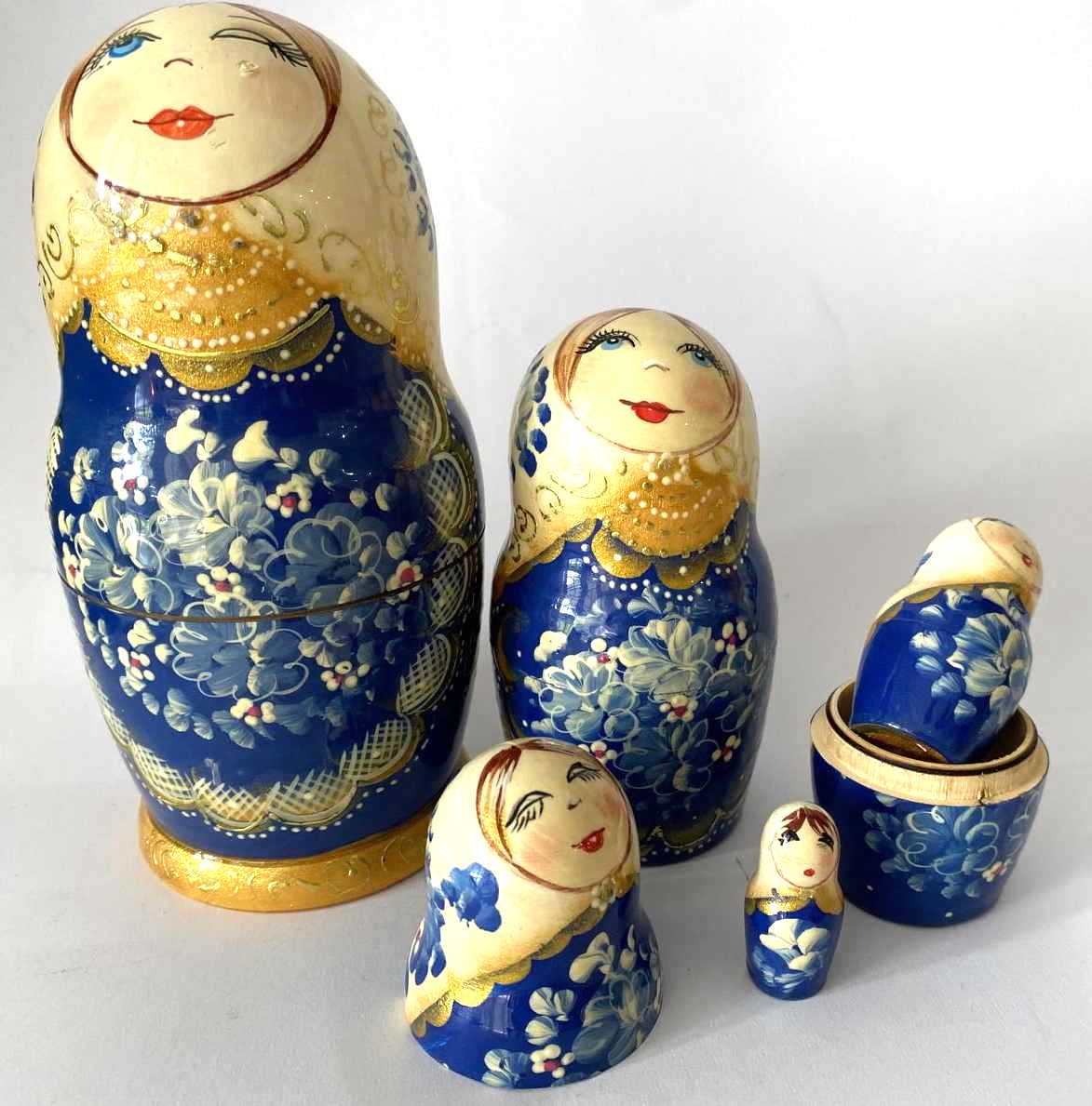 Kudryavtseva Gzhel Blue & Gold Nesting Dolls - 5 Nested Set