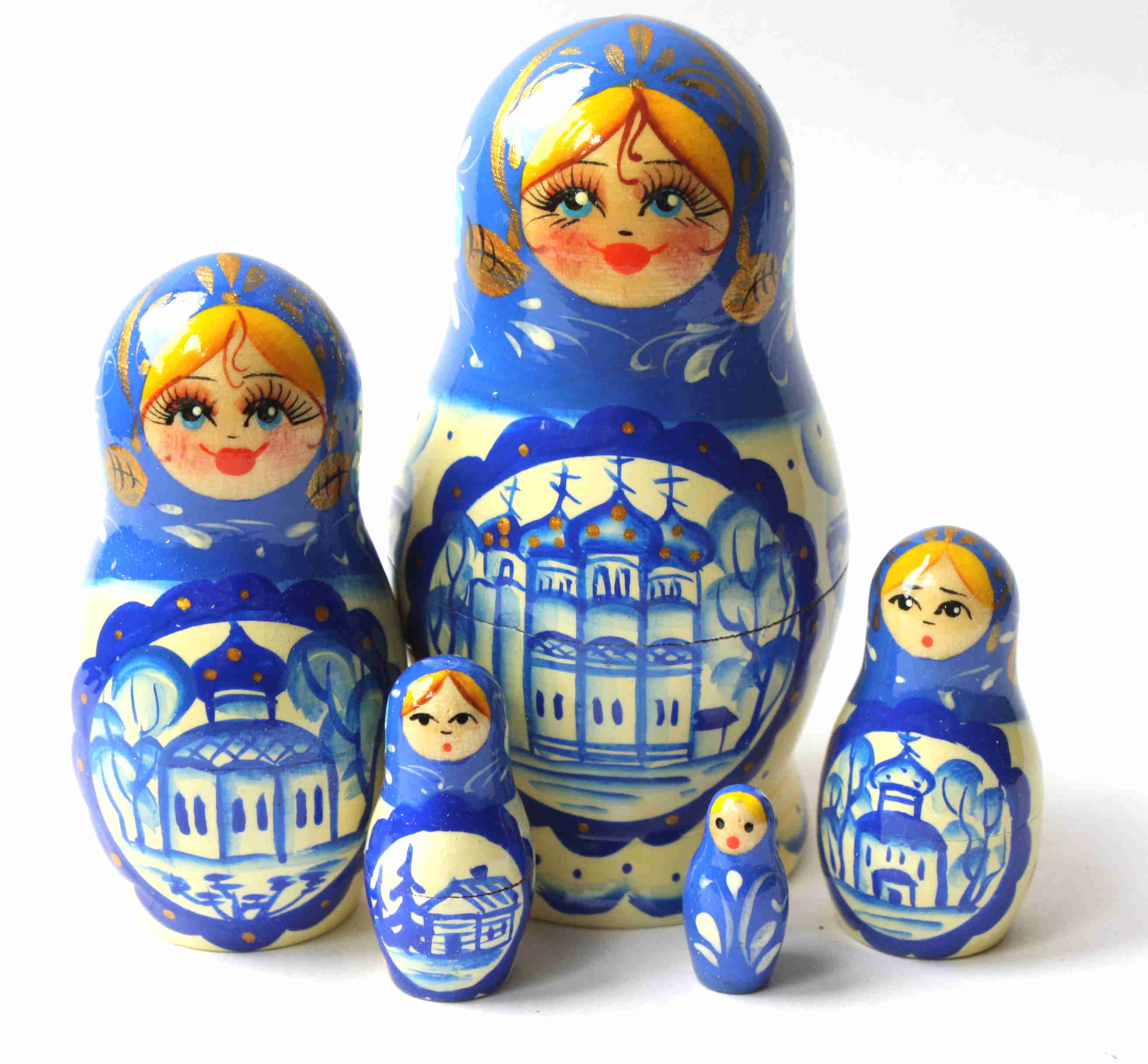 White Matryoshka with blue shawl and monastry 5 nested set
