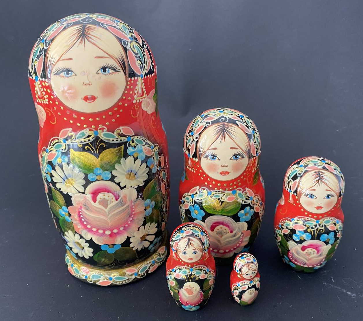 Red & Black Floral Nesting Dolls - 5 Nested Set, Initialled Я.В.