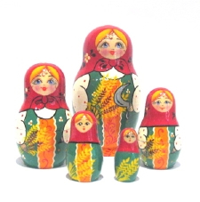 A 5 Nested Set of Vyatka Matryoshka, Green & red scarf